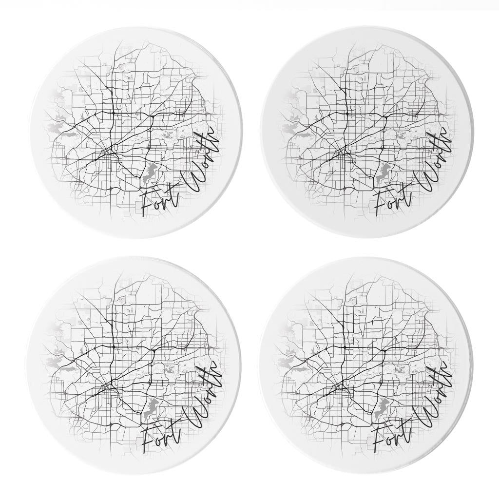 Minimalistic B&W Texas Fort Worth Circle Map | Absorbent Coasters | Set of 4 | Min 2