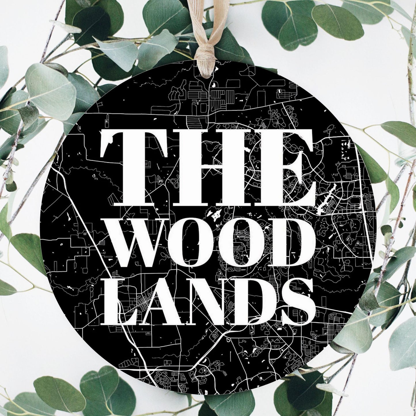 Minimalistic B&W Texas The Woodlands Map | Wood Ornament | Eaches | Min 1