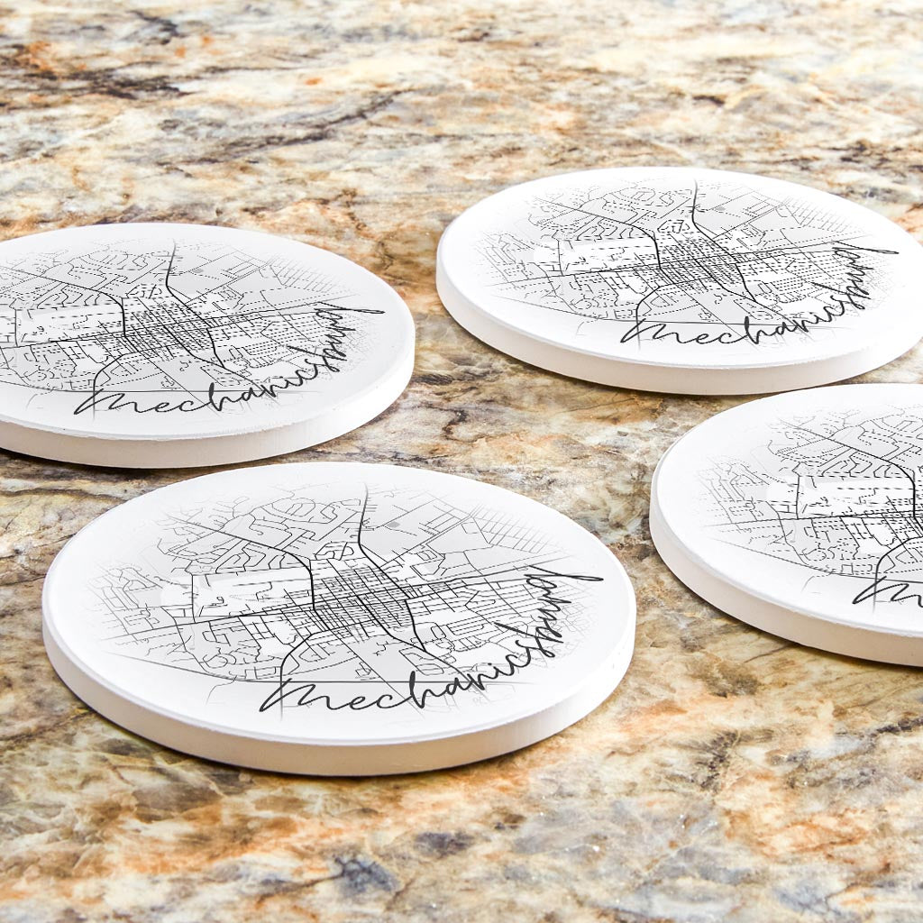 Minimalistic B&W Pennsylvania Mechanicsburg Circle Map | Absorbent Coasters | Set of 4 | Min 2