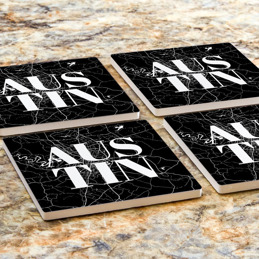 Modern Black Austin Map | Absorbent Coasters | Set of 4 | Min 2