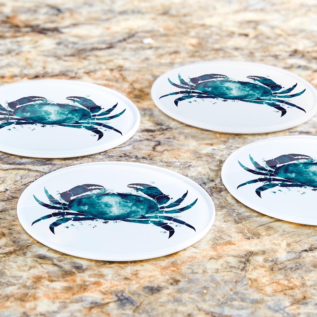 New England Water Color Crab | Hi-Def Glass Coasters | Set of 4 | Min 2