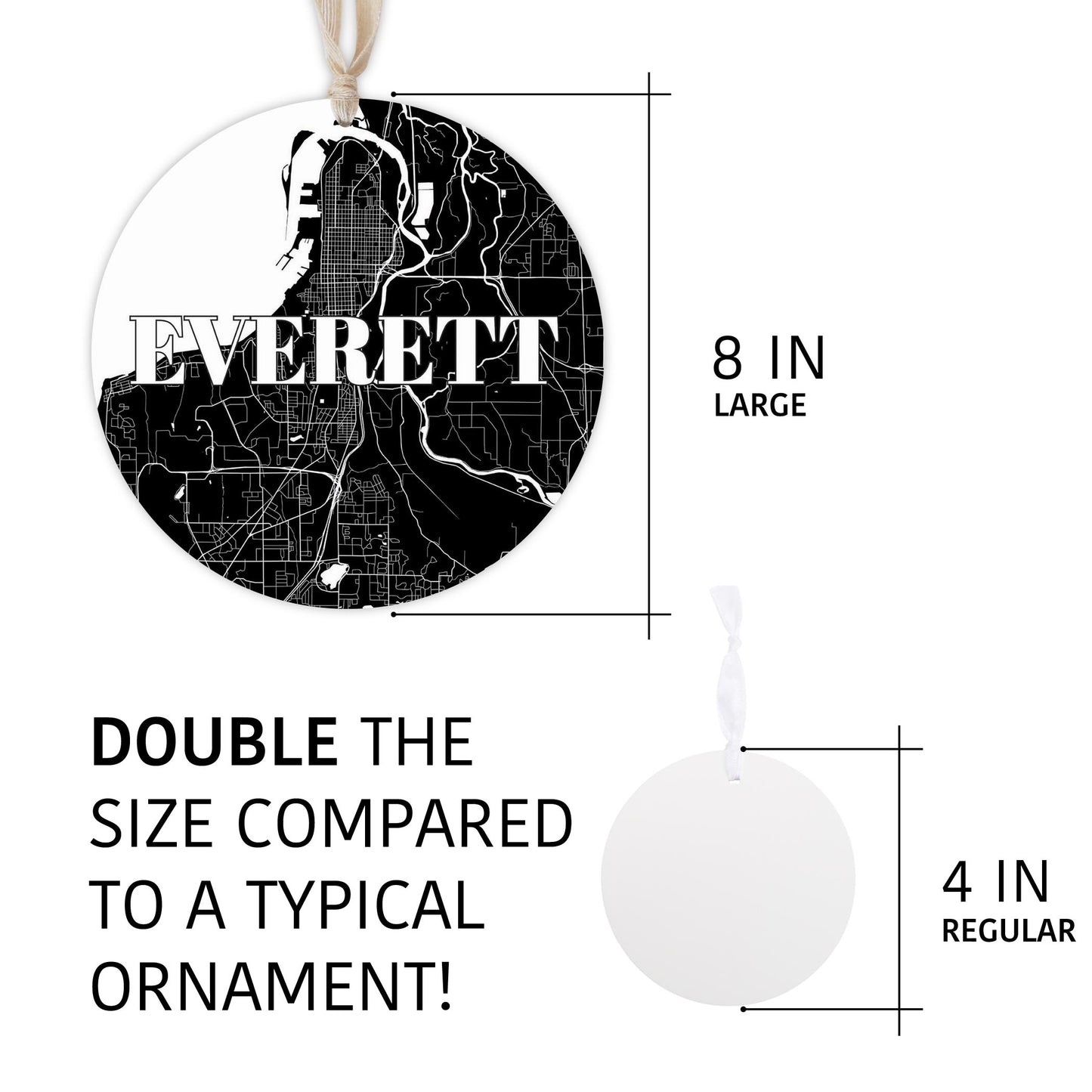 Minimalistic B&W Washington Everett Map | Wood Ornament | Eaches | Min 1