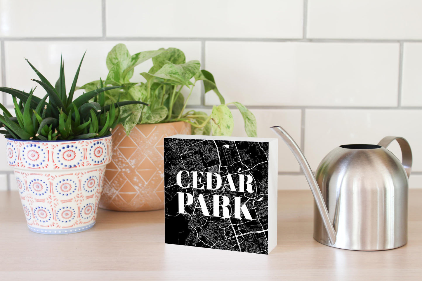 Minimalistic B&W Texas Cedar Park Map| Wood Block | Eaches | Min 4