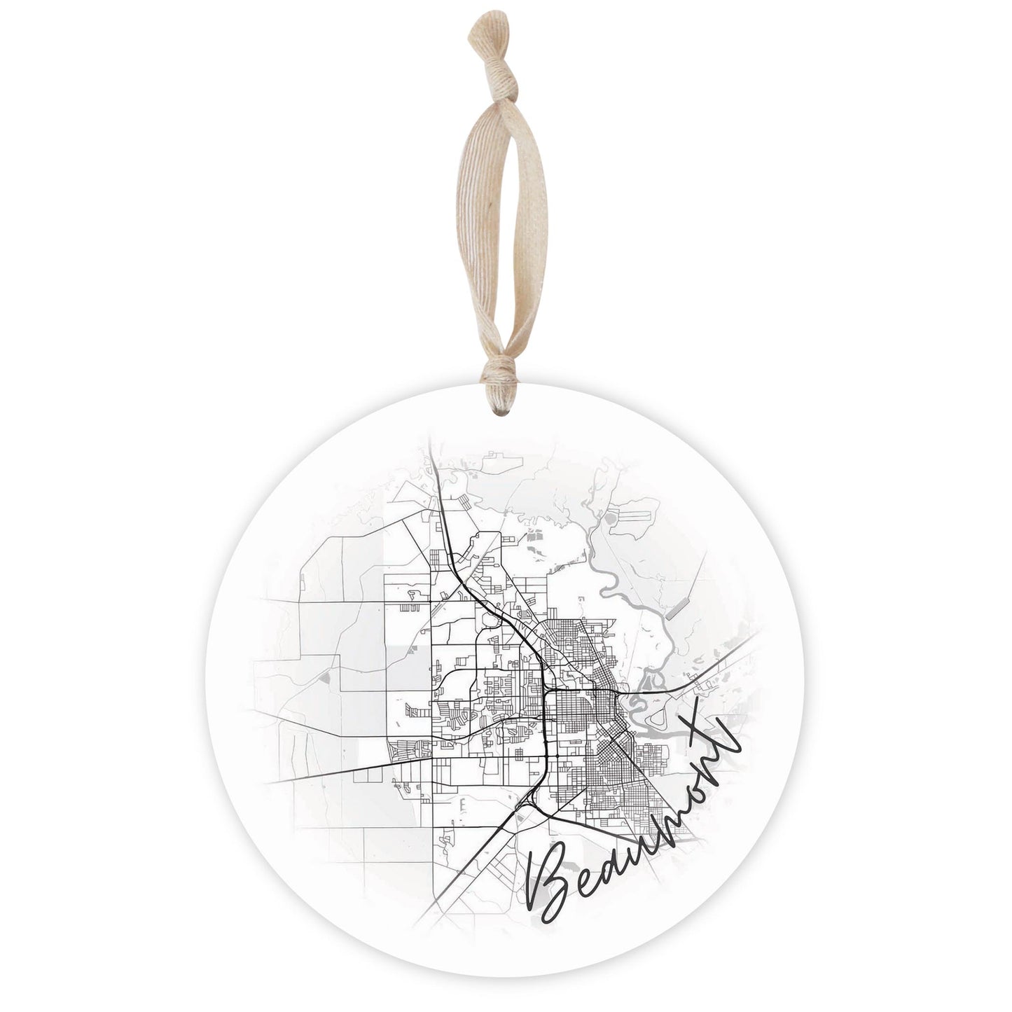 Minimalistic B&W Texas Beaumont Circle Map | Wood Ornament | Eaches | Min 1