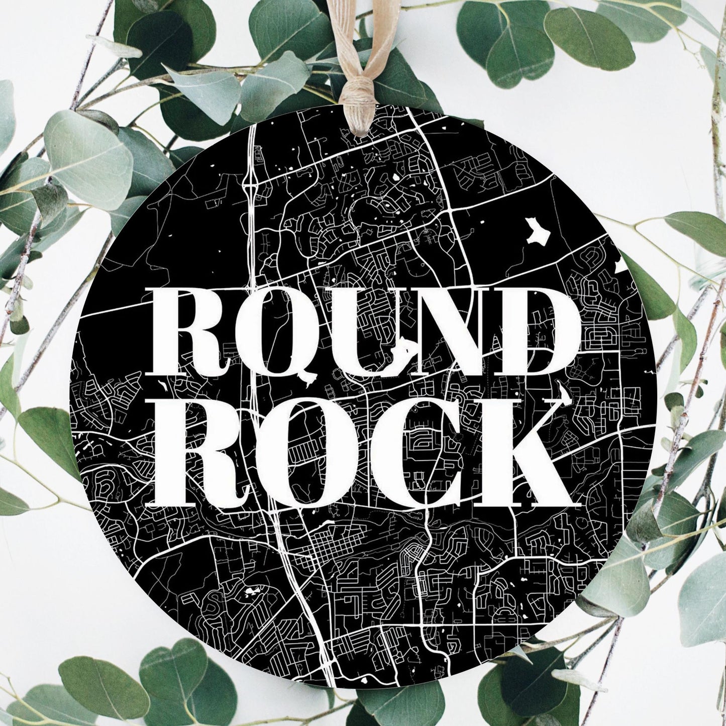 Minimalistic B&W Texas Round Rock Map | Wood Ornament | Eaches | Min 1