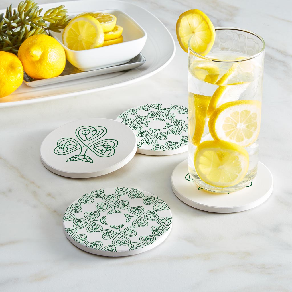 White Green Shamrock Pattern Shape | Absorbent Coasters | Set of 4 | Min 2