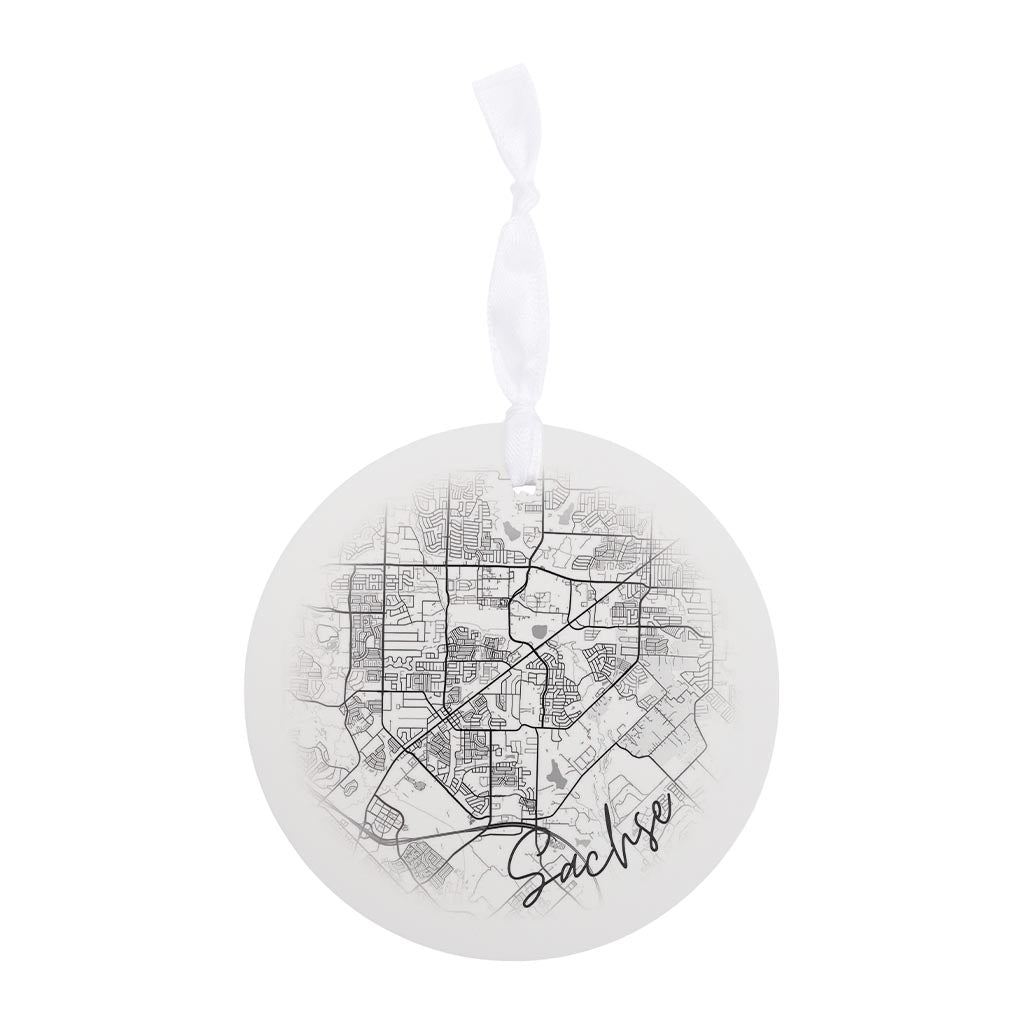 Minimalistic B&W Texas Sachse Circle Map | Wood Ornament | Eaches | Min 6