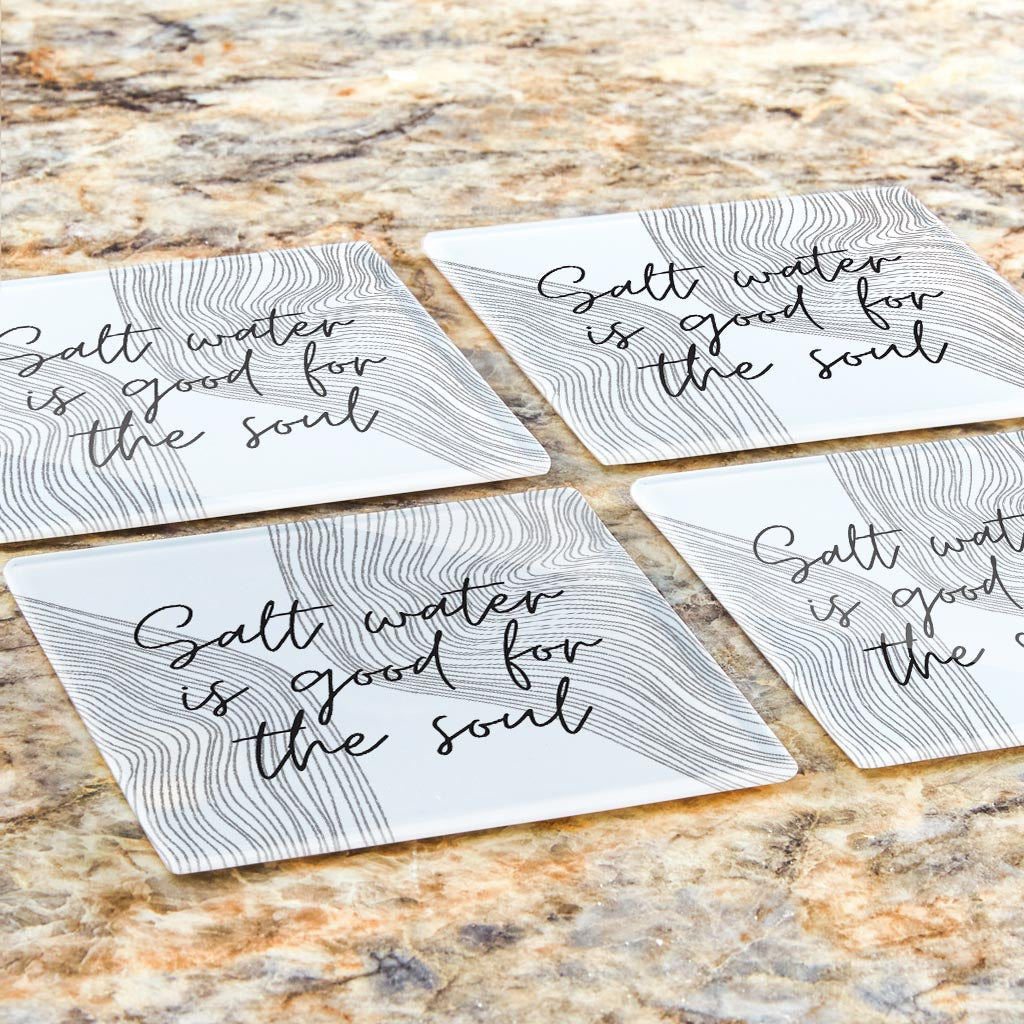 Minimalistic B&W Cape Cod Salt Water | Hi-Def Glass Coasters | Set of 4 | Min 2