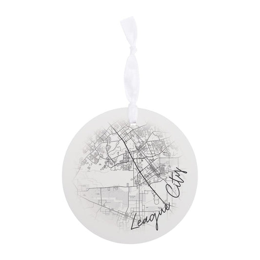 Minimalistic B&W Texas League City Circle Map| Wood Ornament | Eaches | Min 6