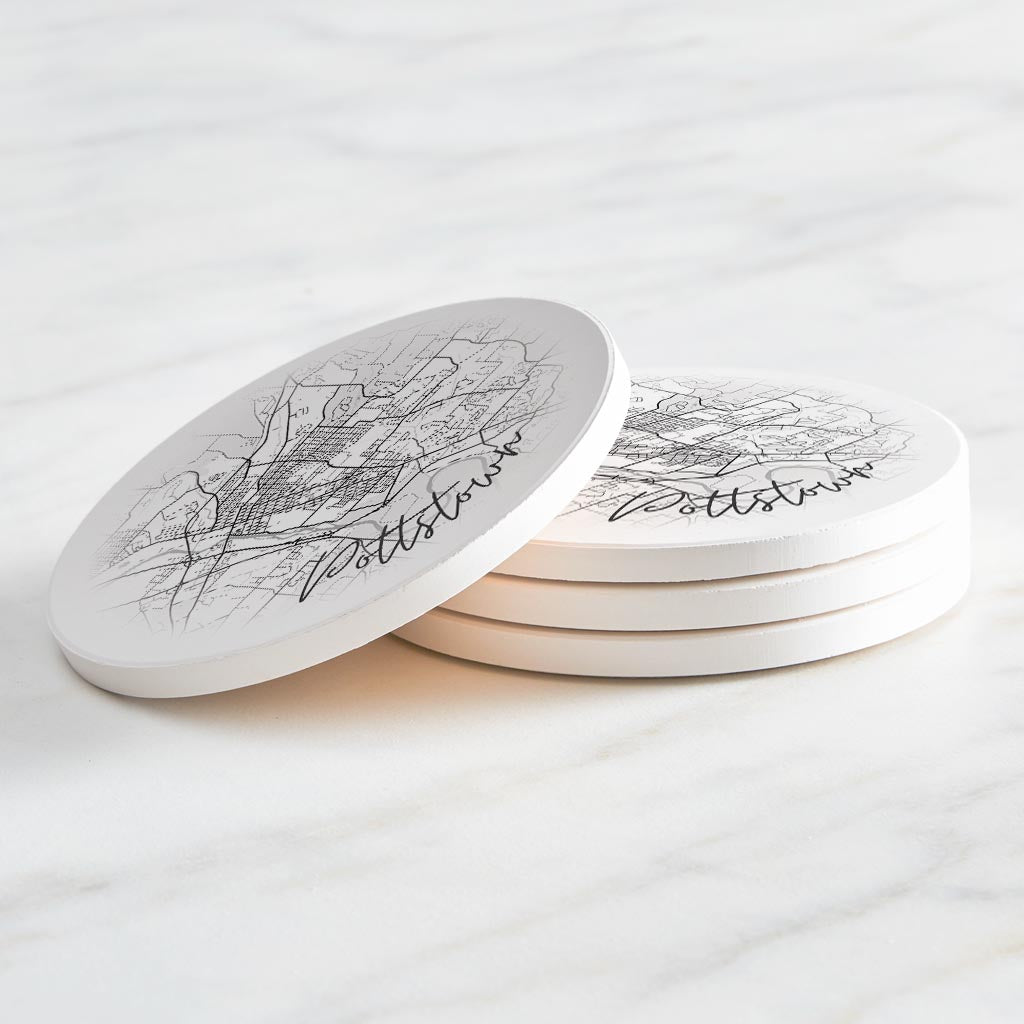 Minimalistic B&W Pennsylvania Pottstown Circle Map | Absorbent Coasters | Set of 4 | Min 2