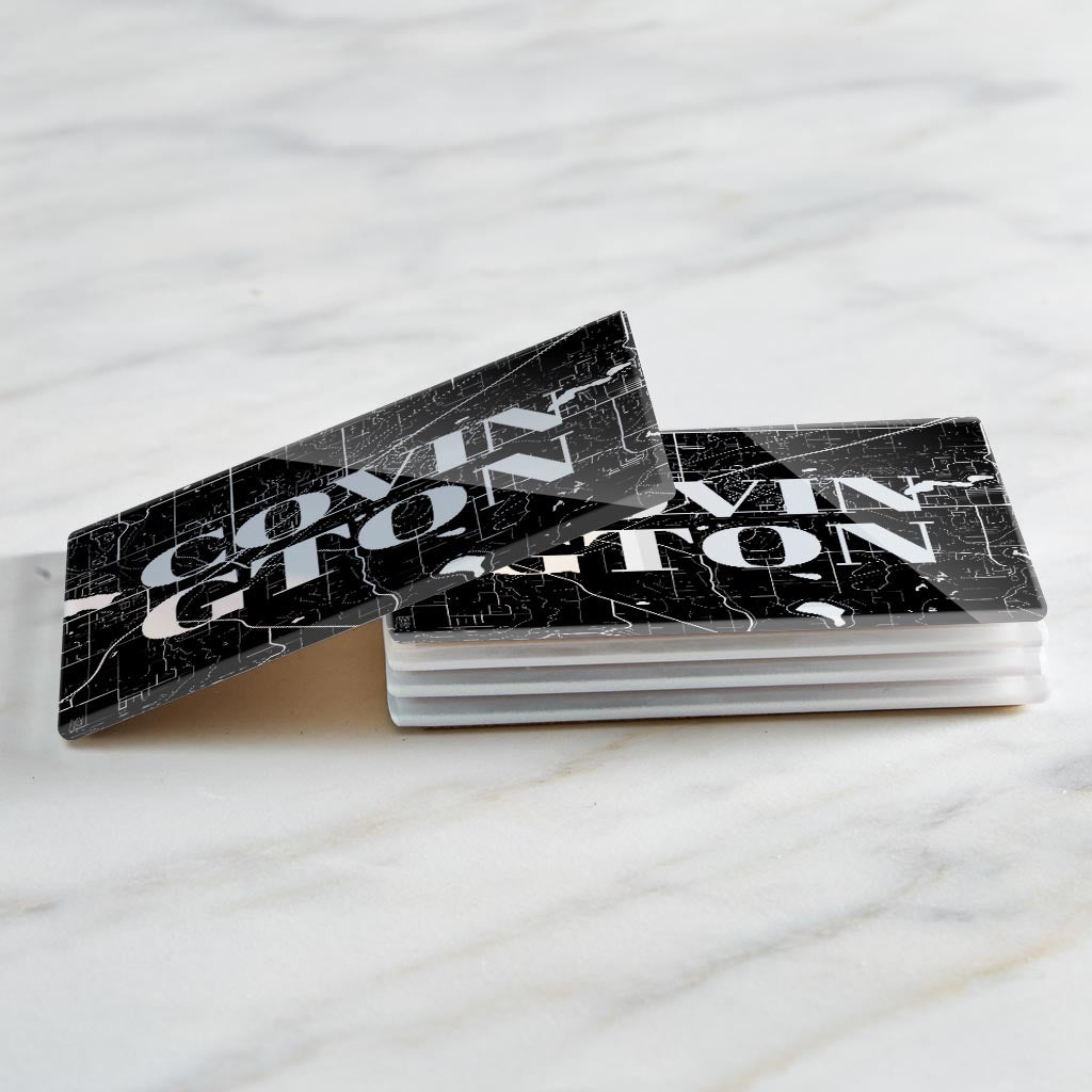 Minimalistic B&W Washington Covington Map | Hi-Def Glass Coasters | Set of 4 | Min 2