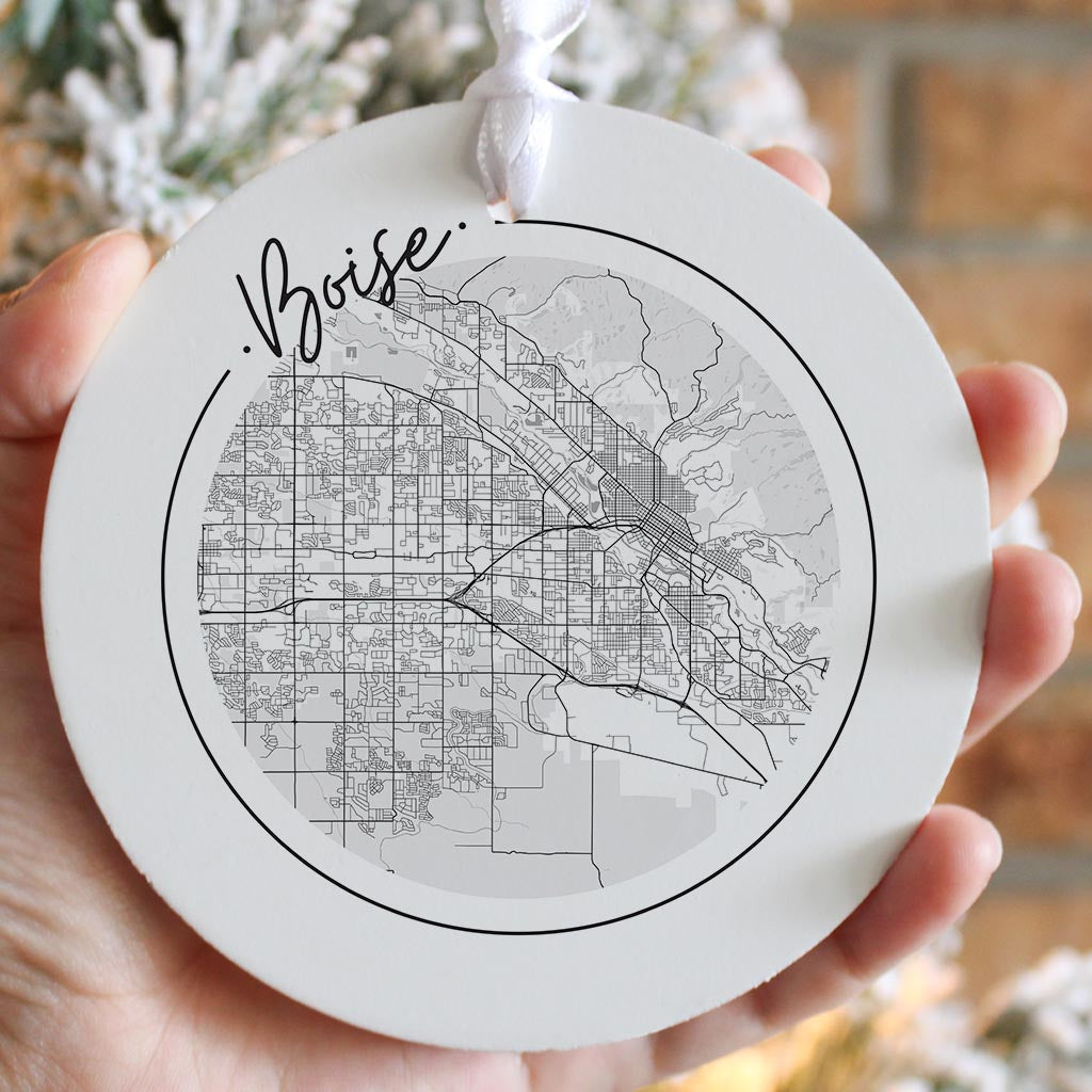 Minimalist B&W Idaho Boise Circle Map | Wood Ornament | Eaches | Min 6