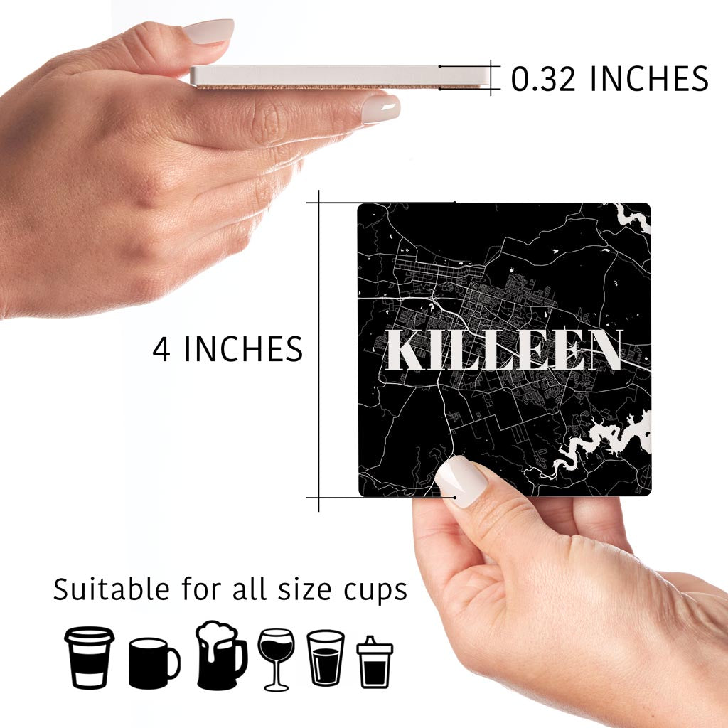 Minimalistic B&W Texas Killeen Map | Absorbent Coasters | Set of 4 | Min 2