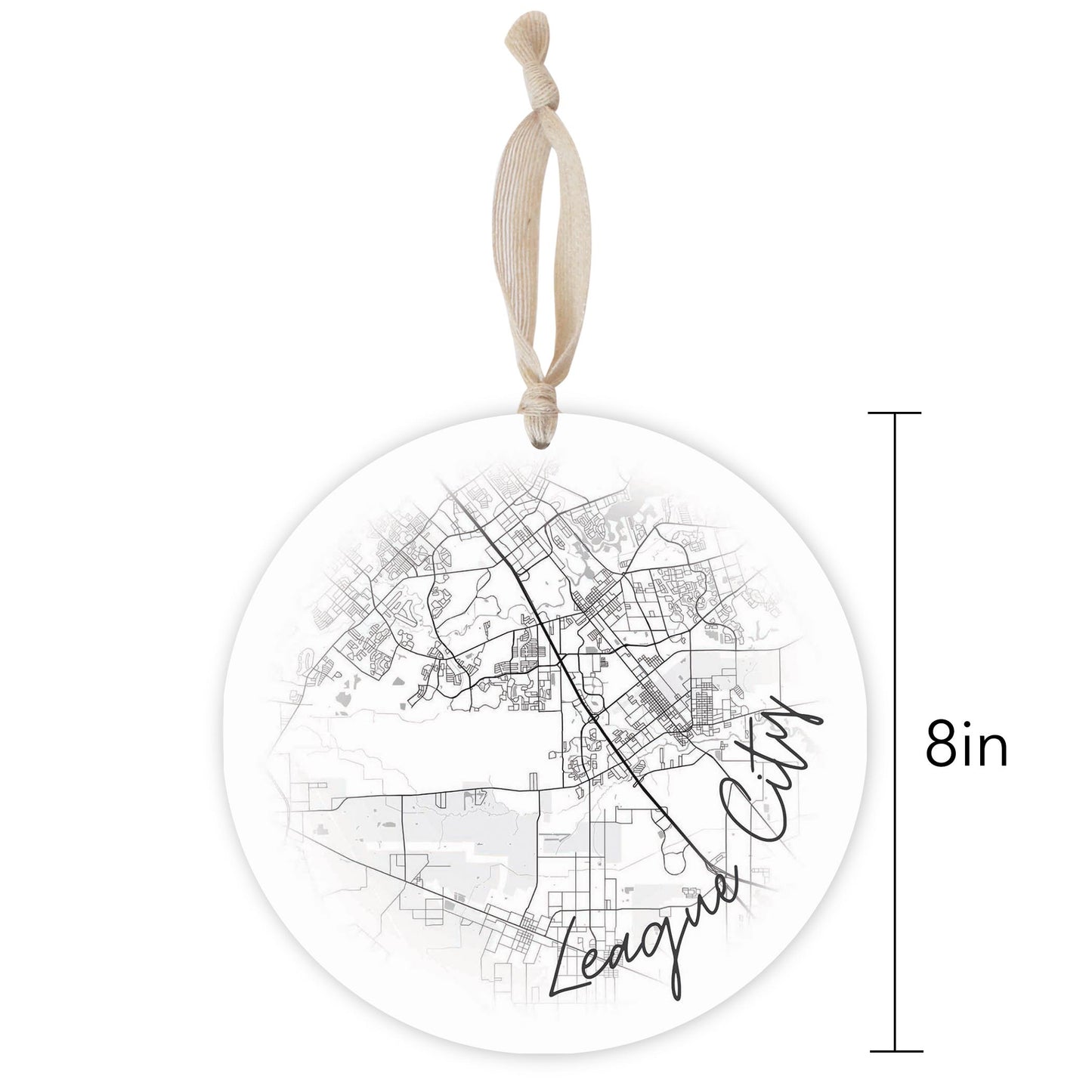 Minimalistic B&W Texas League City Circle Map | Wood Ornament | Eaches | Min 1