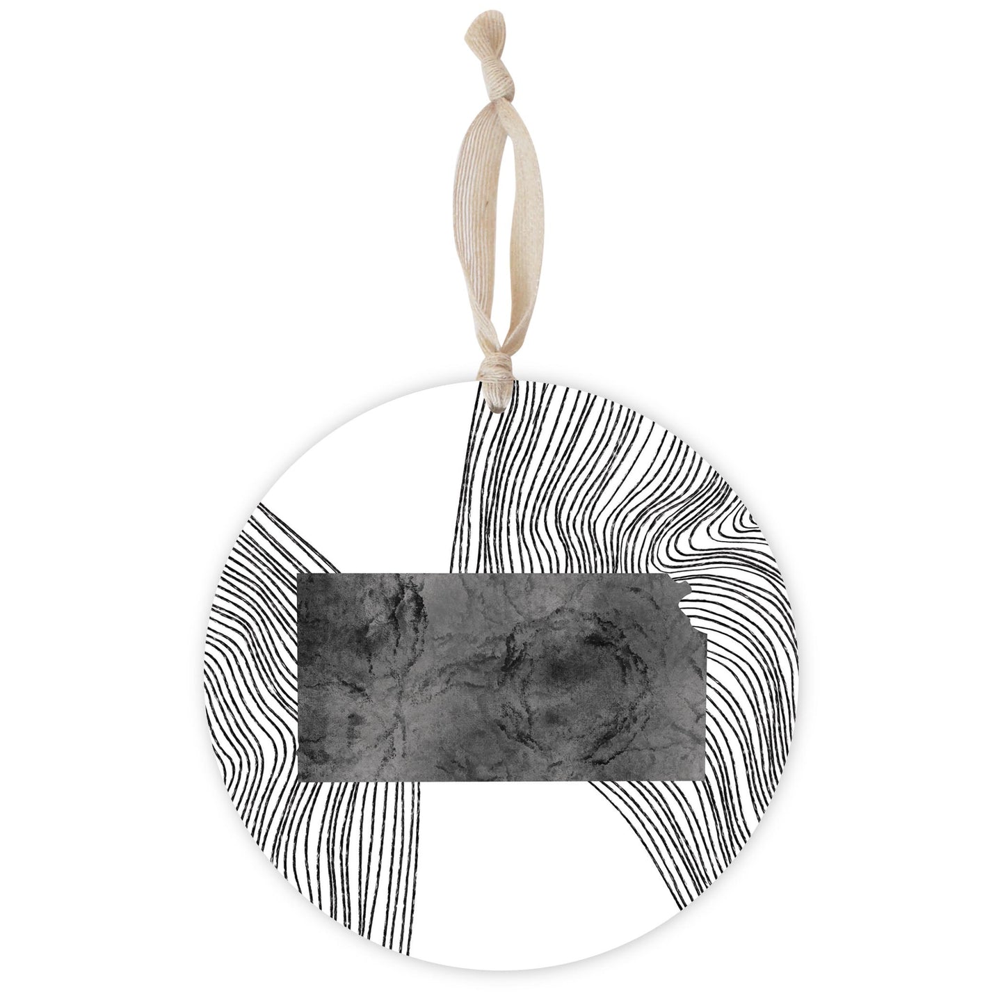 Minimalist B&W Kansas State With Fluid Lines | Wood Ornament | Eaches | Min 1