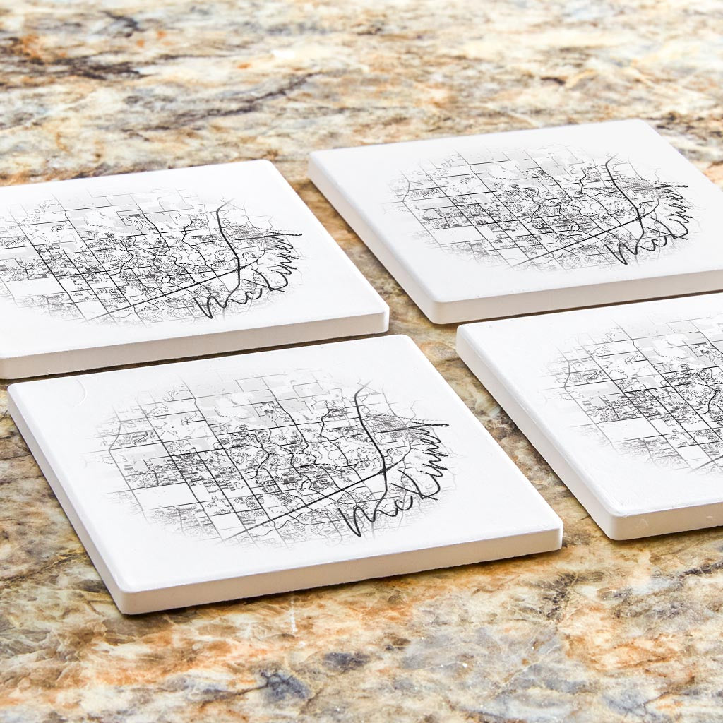 Minimalistic B&W Texas Mckinney Circle Map | Absorbent Coasters | Set of 4 | Min 2