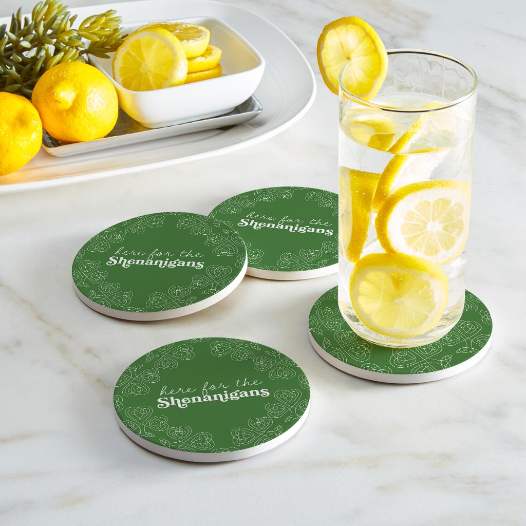 Dark Green Shamrock Here For The Shenanigans | Absorbent Coasters | Set of 4 | Min 2