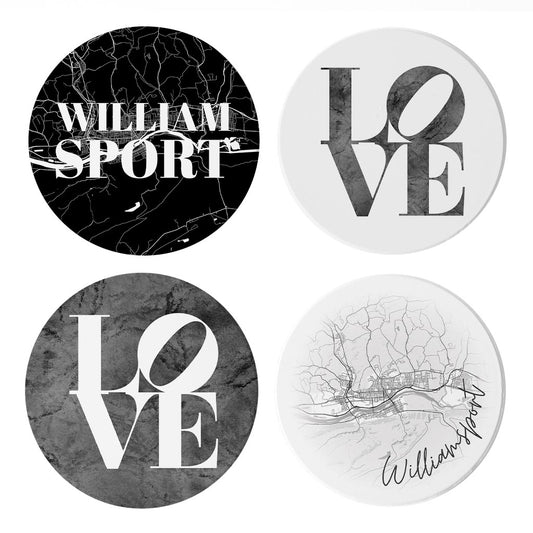 Minimalistic B&W Pennsylvania Williamsport Maps Love | Absorbent Coasters | Set of 4 | Min 2