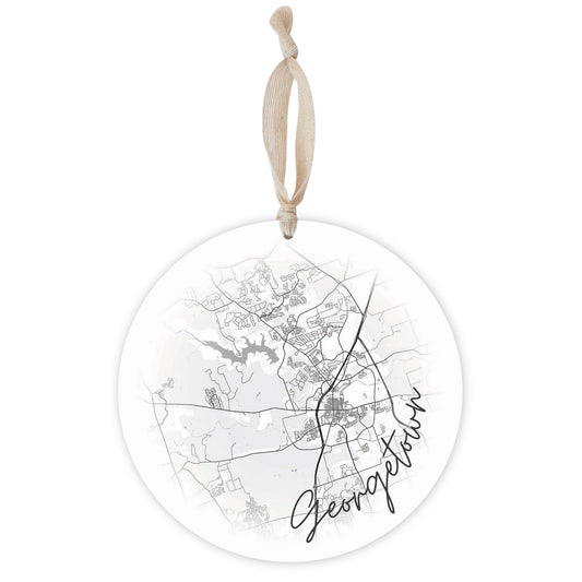 Minimalistic B&W Texas Georgetown Circle Map| Wood Ornament | Eaches | Min 1