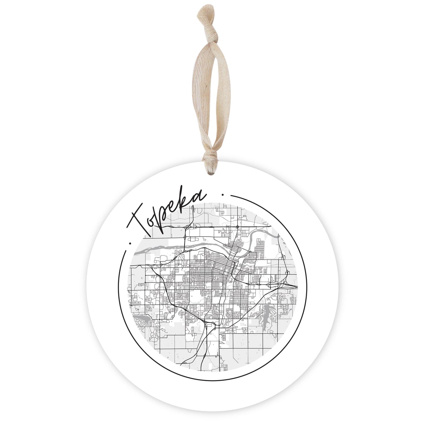 Minimalist B&W Kansas Topeka Circle Map | Wood Ornament | Eaches | Min 1