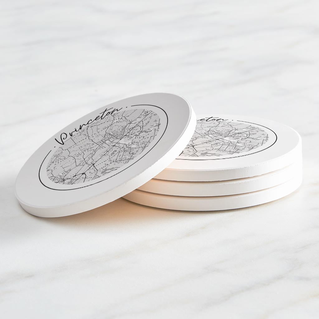 Minimalistic B&W New Jersey Princeton Circle Map | Absorbent Coasters | Set of 4 | Min 2