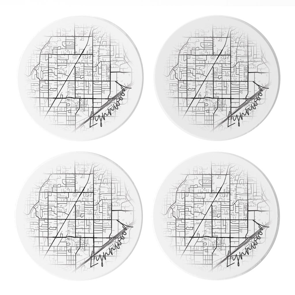 Minimalistic B&W Washington Lynnwood Circle Map | Absorbent Coasters | Set of 4 | Min 2