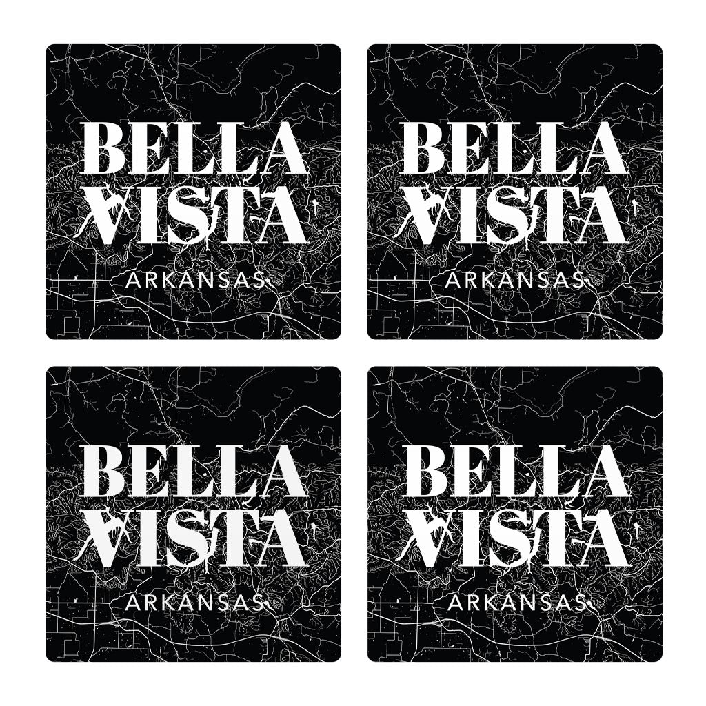 Minimalist B&W Arkansas Bella Vista Map State | Absorbent Coasters | Set of 4 | Min 2