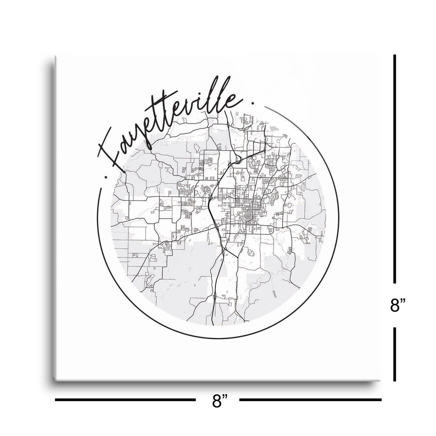 B&W Minimalist Arkansas Fayetteville Circle Map | Hi-Def Glass Art | Eaches | Min 2