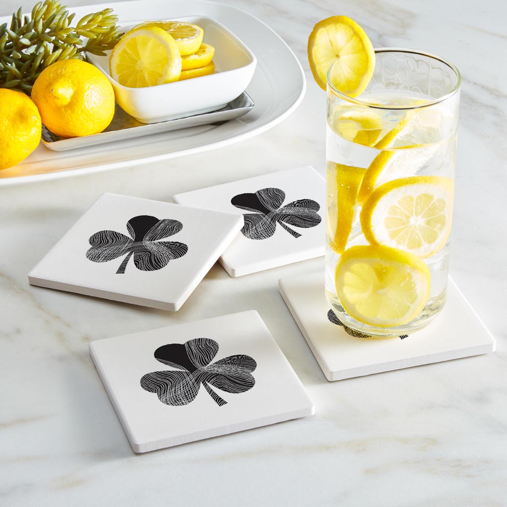 Minimalistic B&W Shamrock Shape Fluid Lines | Absorbent Coasters | Set of 4 | Min 2