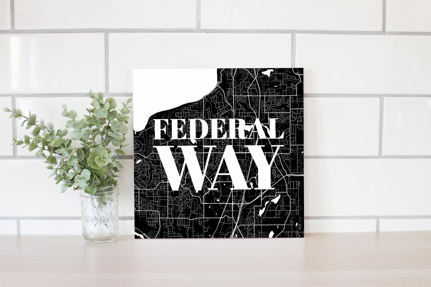 Minimalistic B&W Washington Federal Way Map | Wood Sign | Eaches | Min 2