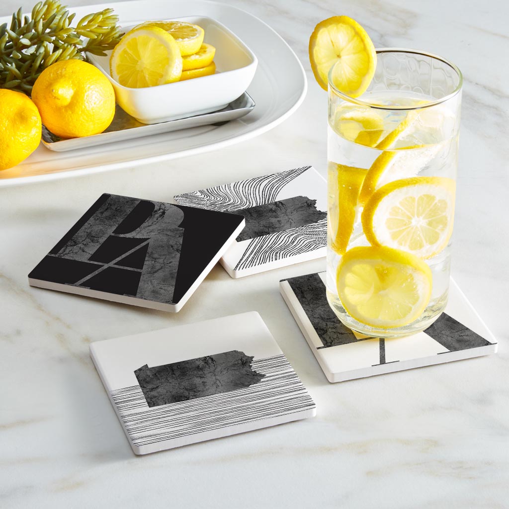 Minimalistic B&W Pennsylvania Initials State | Absorbent Coasters | Set of 4 | Min 2