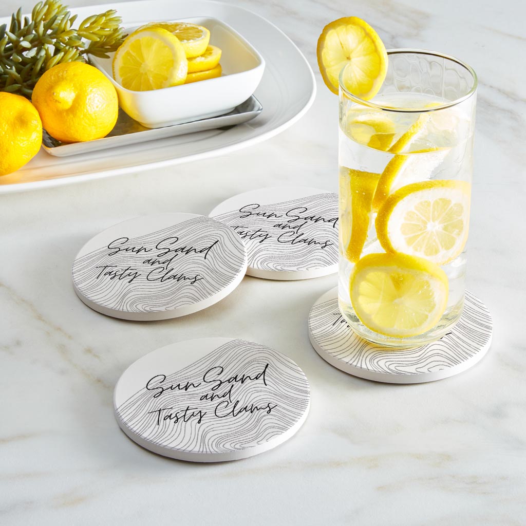 Minimalistic B&W Cape Cod Sun Sand Tasty Clams| Absorbent Coasters | Set of 4 | Min 2