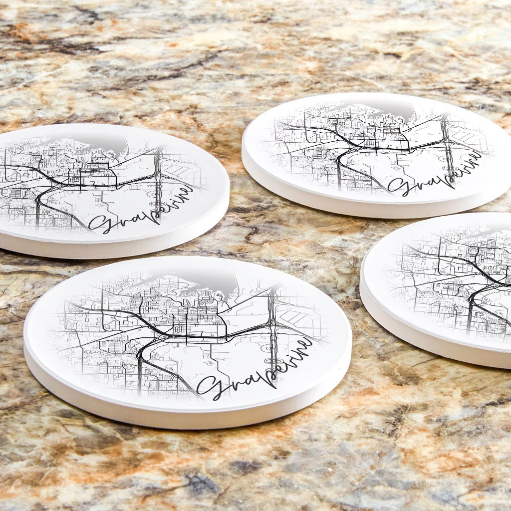 Minimalistic B&W Texas Grapevine Circle Map| Absorbent Coasters | Set of 4 | Min 2