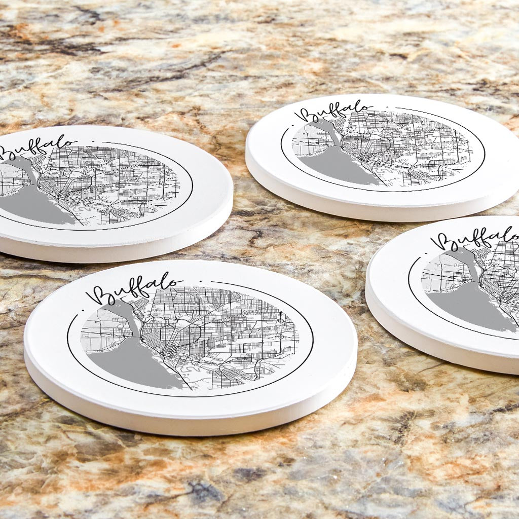 Minimalistic B&W New York Buffalo Circle Map | Absorbent Coasters | Set of 4 | Min 2