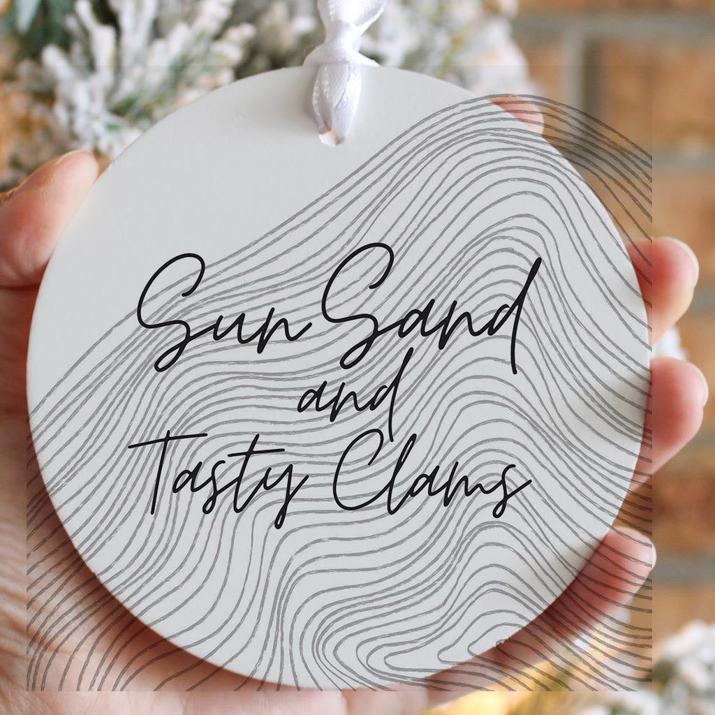 Minimalistic B&W Cape Cod Sun Sand Tasty Clams | Wood Ornament | Eaches | Min 6