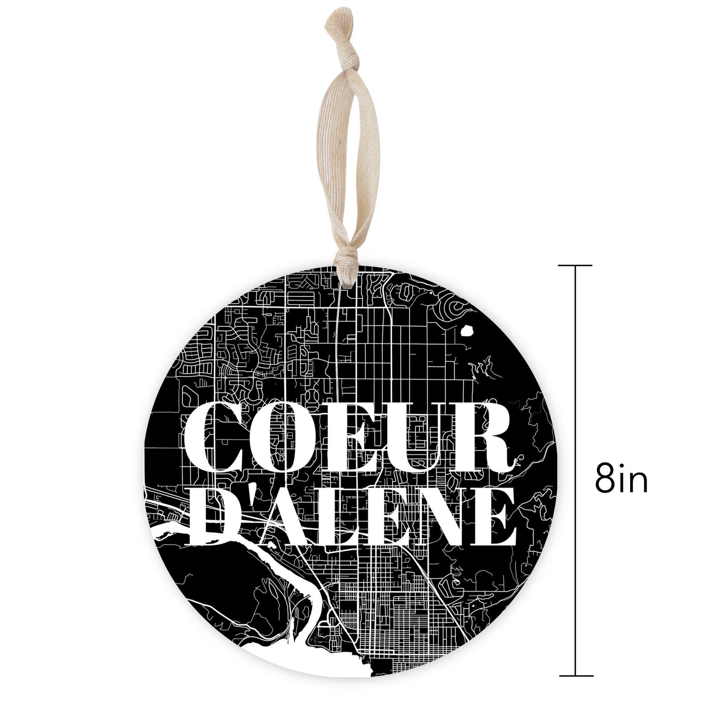 Minimalist B&W Idaho Coeur Dalene Map | Wood Ornament | Eaches | Min 1