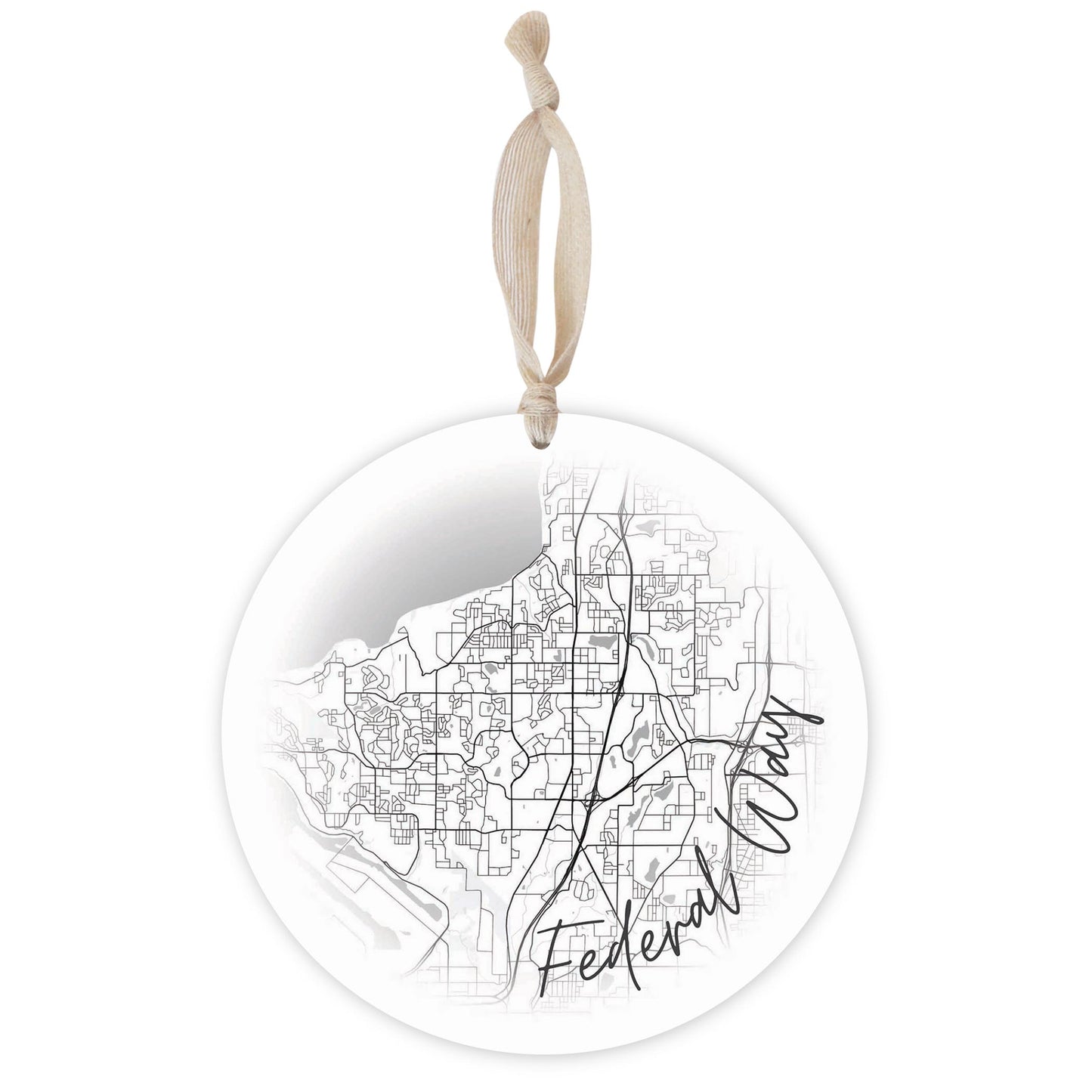 Minimalistic B&W Washington Federal Way Circle Map | Wood Ornament | Eaches | Min 1