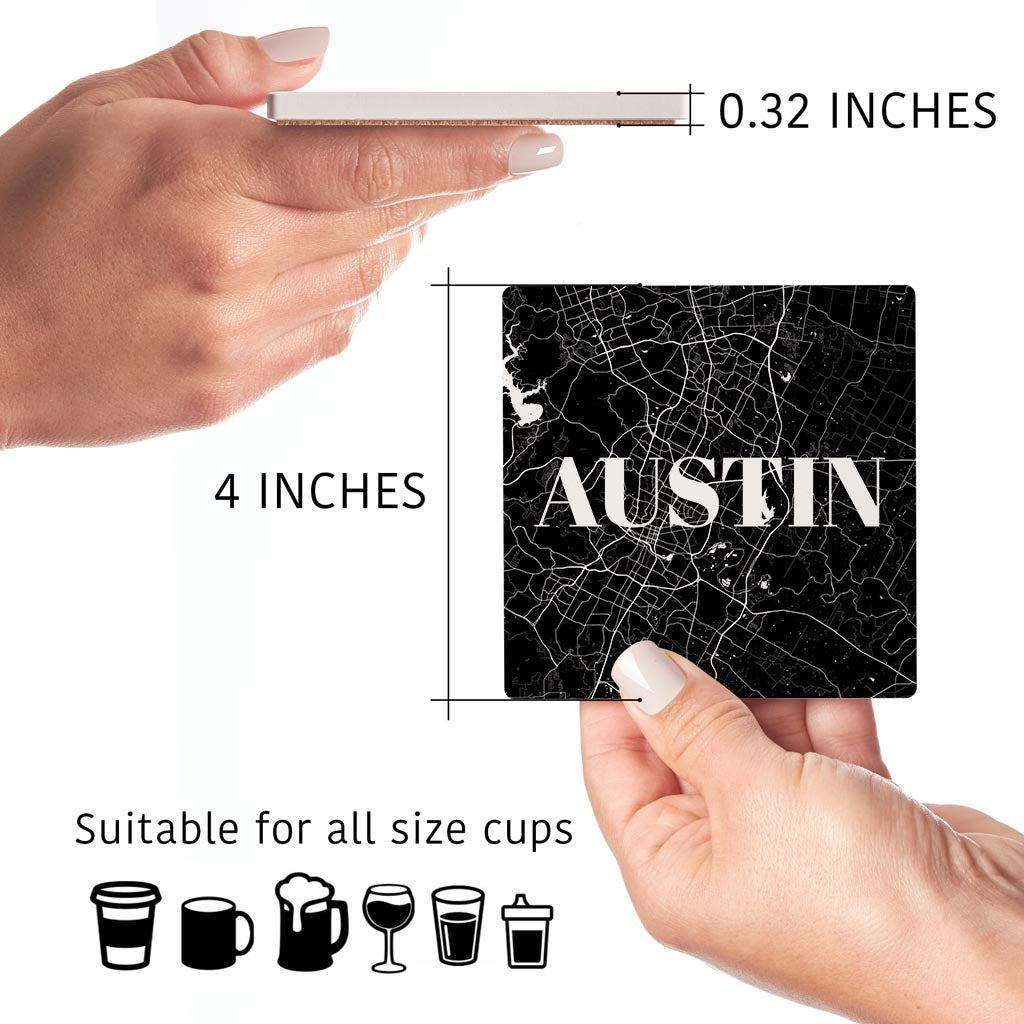 Minimalistic B&W Texas Austin Map | Absorbent Coasters | Set of 4 | Min 2