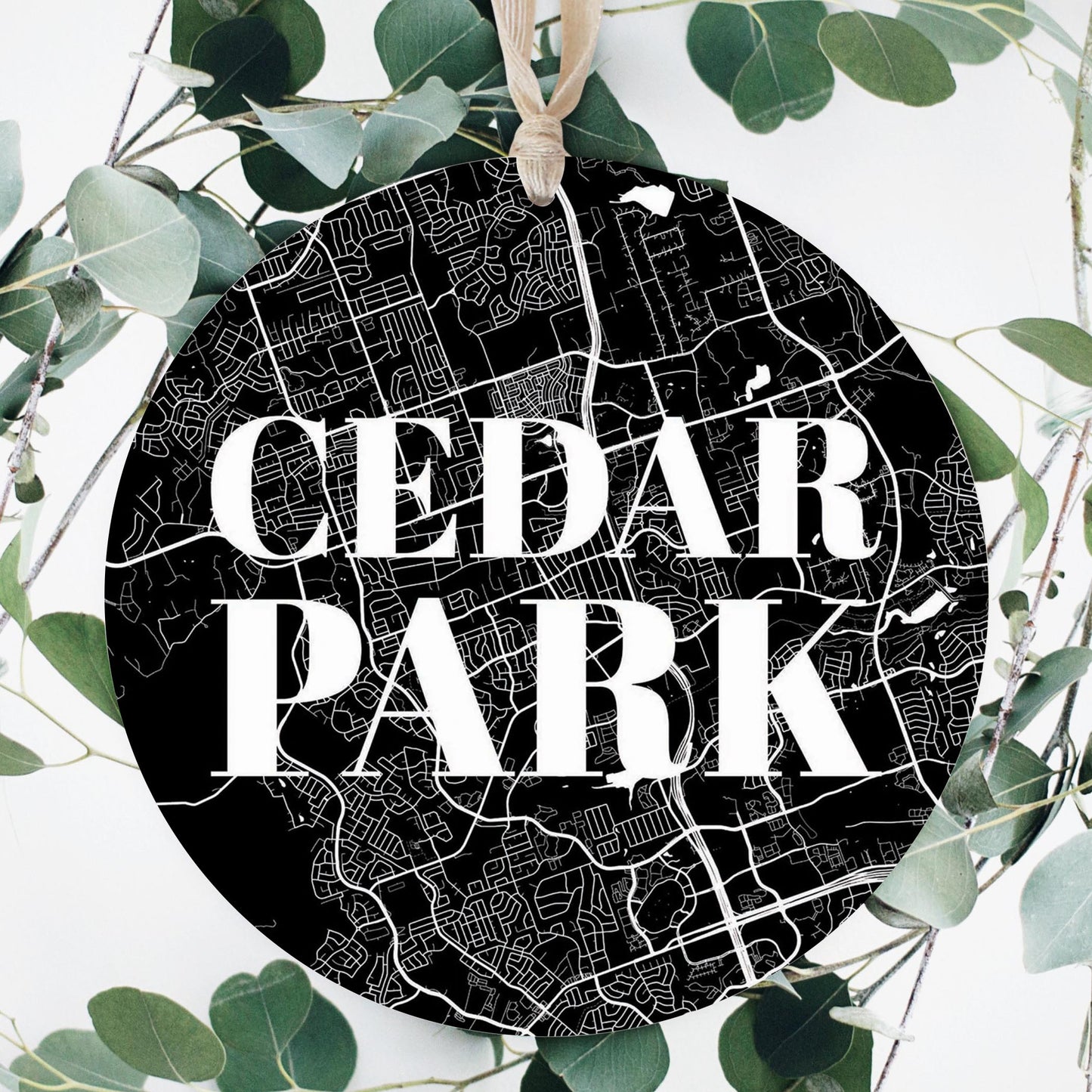 Minimalistic B&W Texas Cedar Park Map | Wood Ornament | Eaches | Min 1