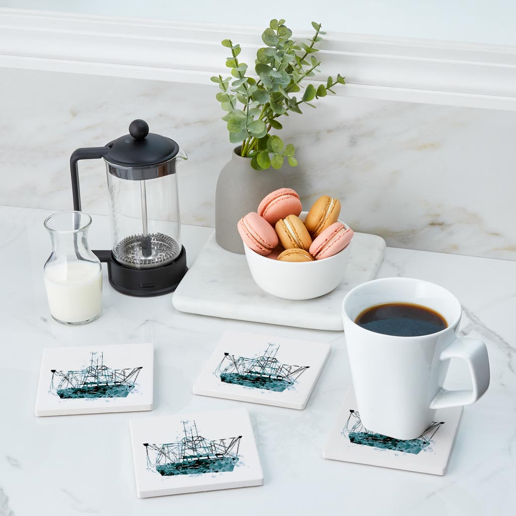 Blue White Water Color Shrimp Boat| Absorbent Coasters | Set of 4 | Min 2