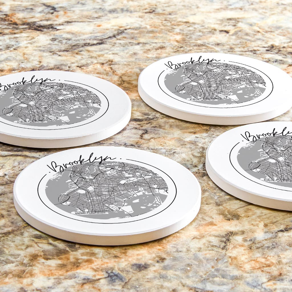 Minimalistic B&W New York Brooklyn Circle Map | Absorbent Coasters | Set of 4 | Min 2