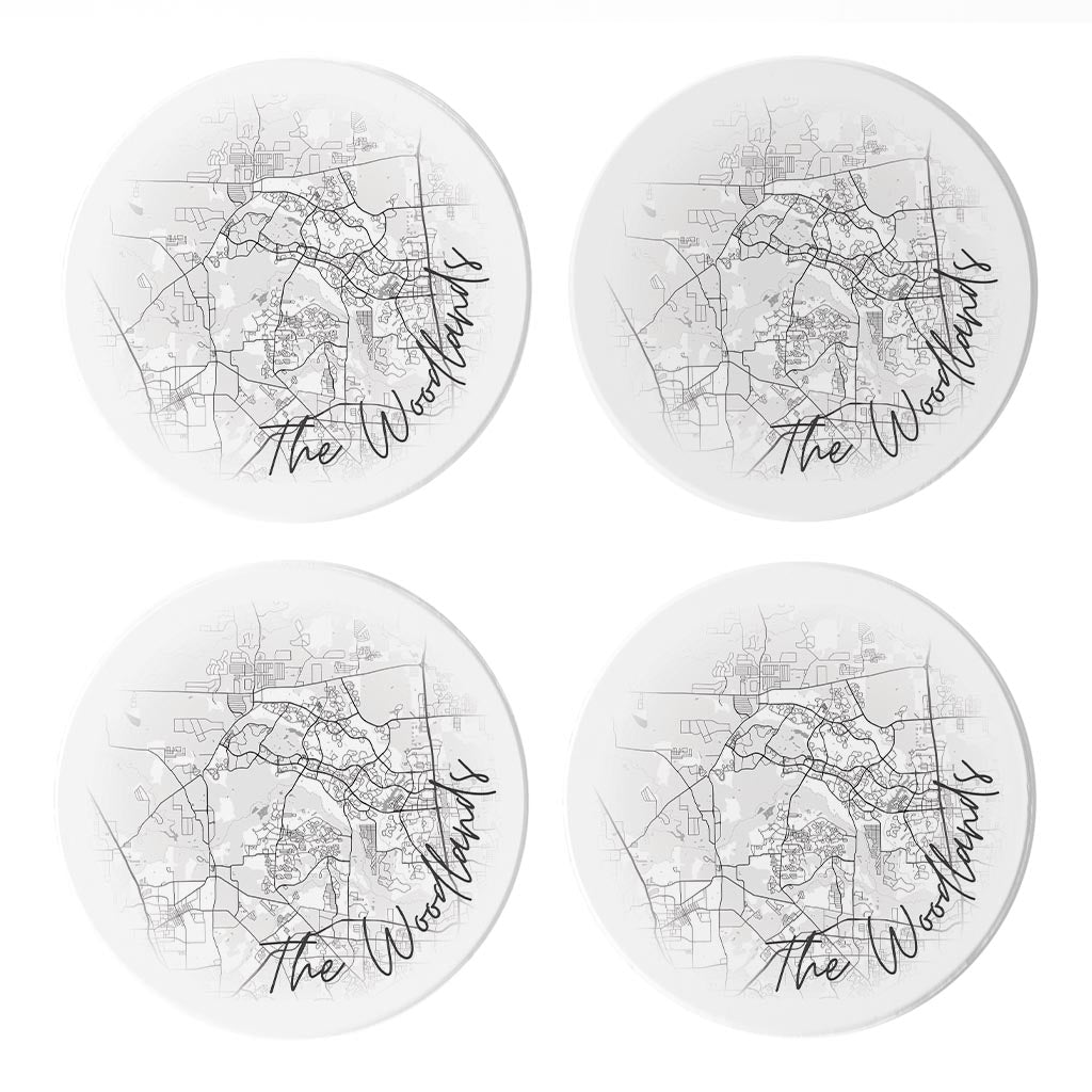 Minimalistic B&W Texas The Woodlands Circle Map | Absorbent Coasters | Set of 4 | Min 2