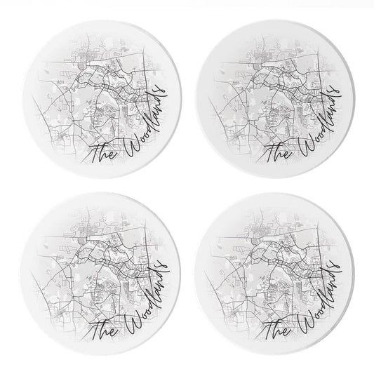 Minimalistic B&W Texas The Woodlands Circle Map | Absorbent Coasters | Set of 4 | Min 2