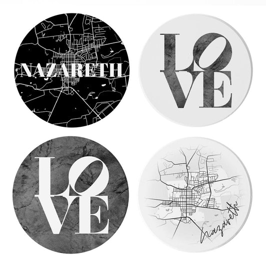 Minimalistic B&W Pennsylvania Nazareth Maps Love | Absorbent Coasters | Set of 4 | Min 2