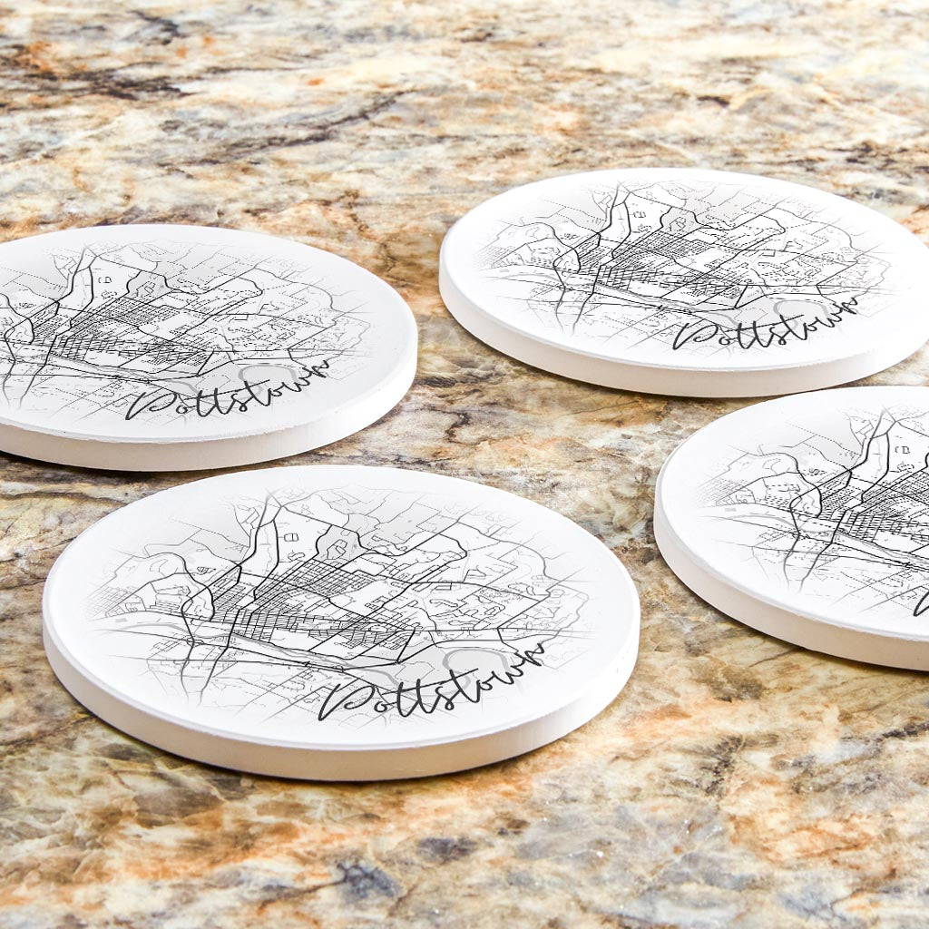 Minimalistic B&W Pennsylvania Pottstown Circle Map | Absorbent Coasters | Set of 4 | Min 2