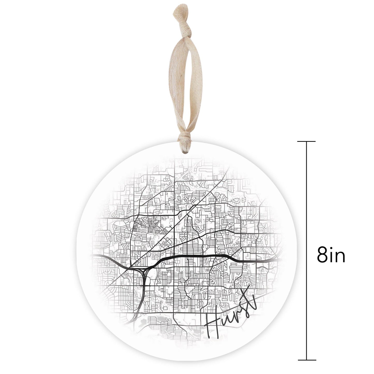 Minimalistic B&W Texas Hurst Circle Map | Wood Ornament | Eaches | Min 1