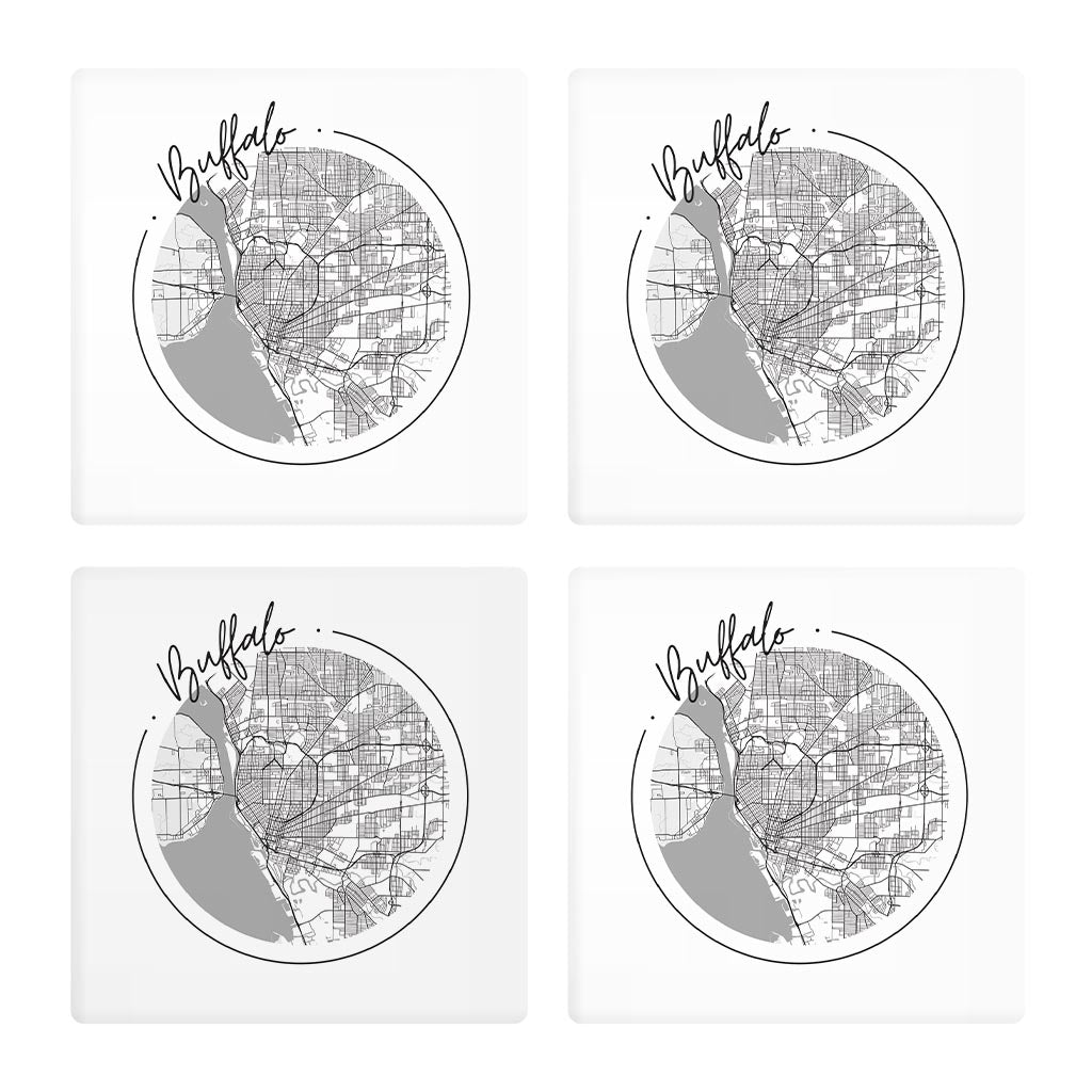 Minimalistic B&W New York Buffalo Circle Map | Absorbent Coasters | Set of 4 | Min 2