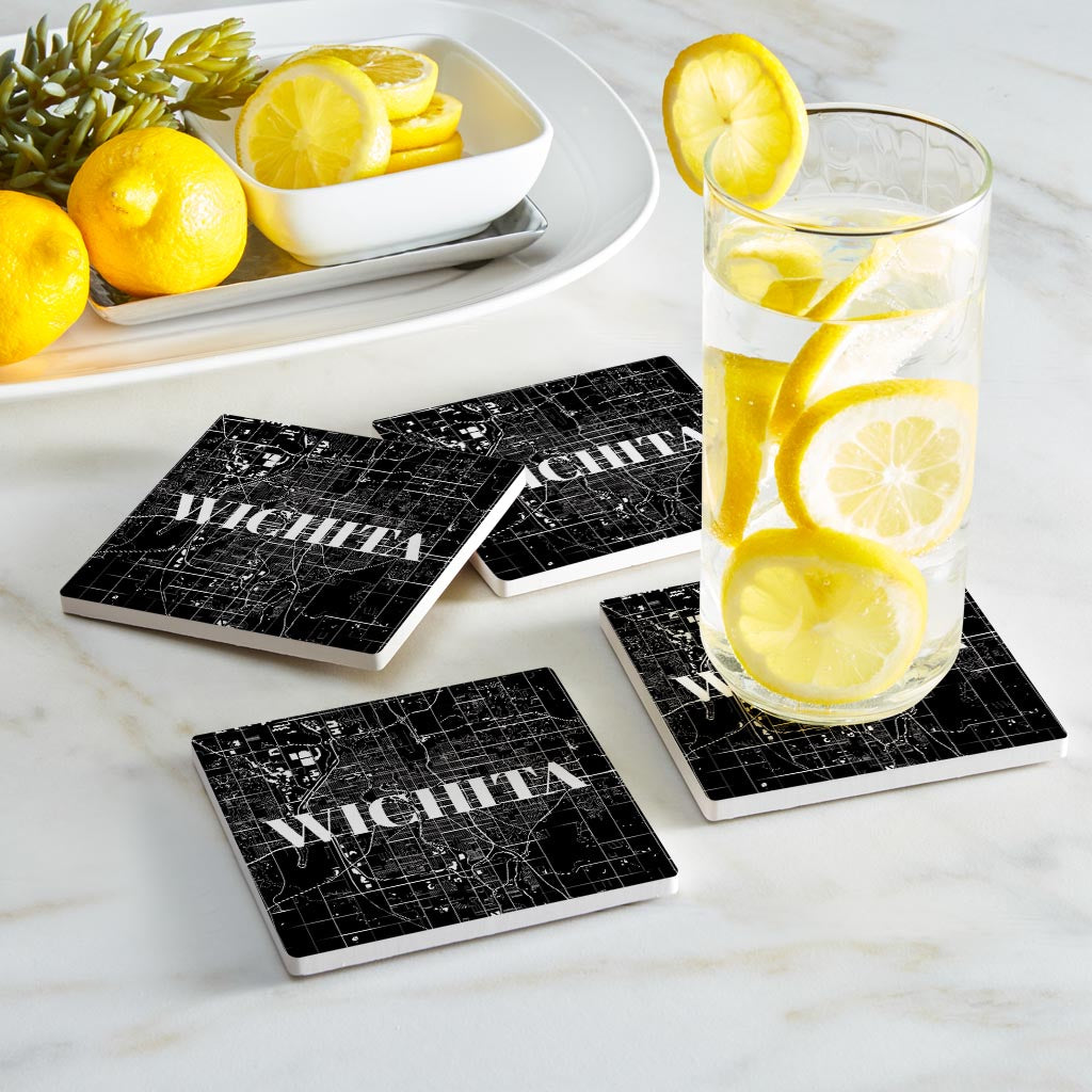 Minimalist B&W Kansas Wichita Map | Absorbent Coasters | Set of 4 | Min 2