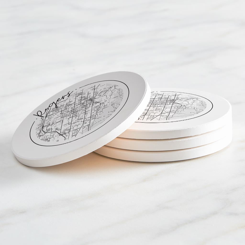 Minimalist B&W Arkansas Rogers Circle Map| Absorbent Coasters | Set of 4 | Min 2