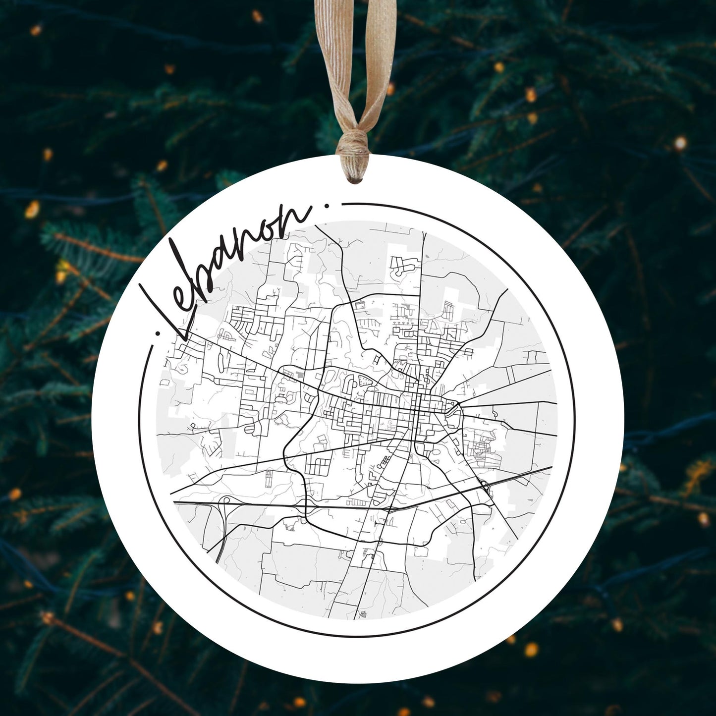 Minimalist B&W Tennessee Lebanon Circle Map | Wood Ornament | Eaches | Min 1